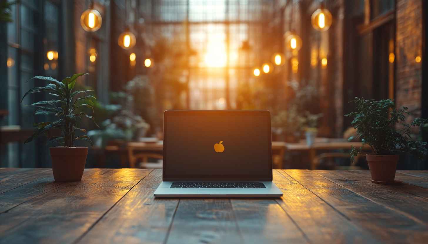 MacBook at Cafe 4K Wallpaper, Free Aesthetic Desktop Background