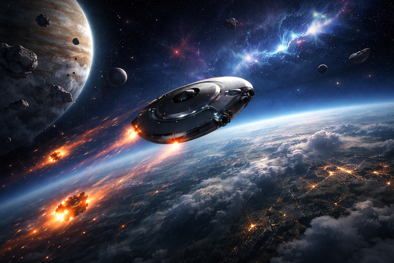 Spaceship Over Earth 4K Desktop Background Galaxy Mobile Wallpaper