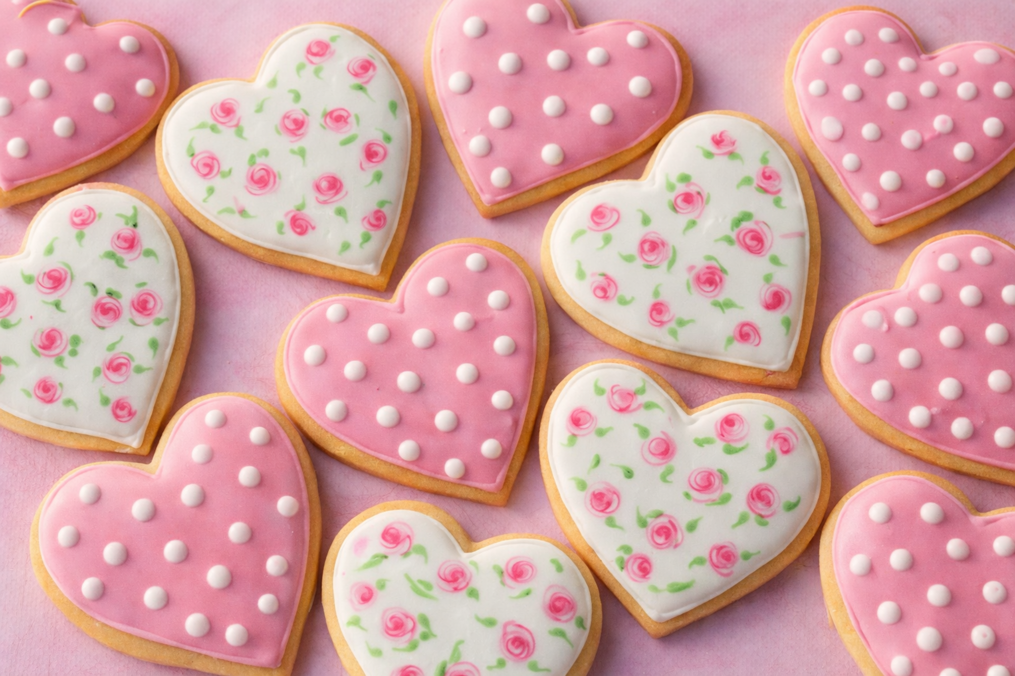 Valentine's Day Heart Cookies Desktop Background, Pink Rose Icing Wallpaper