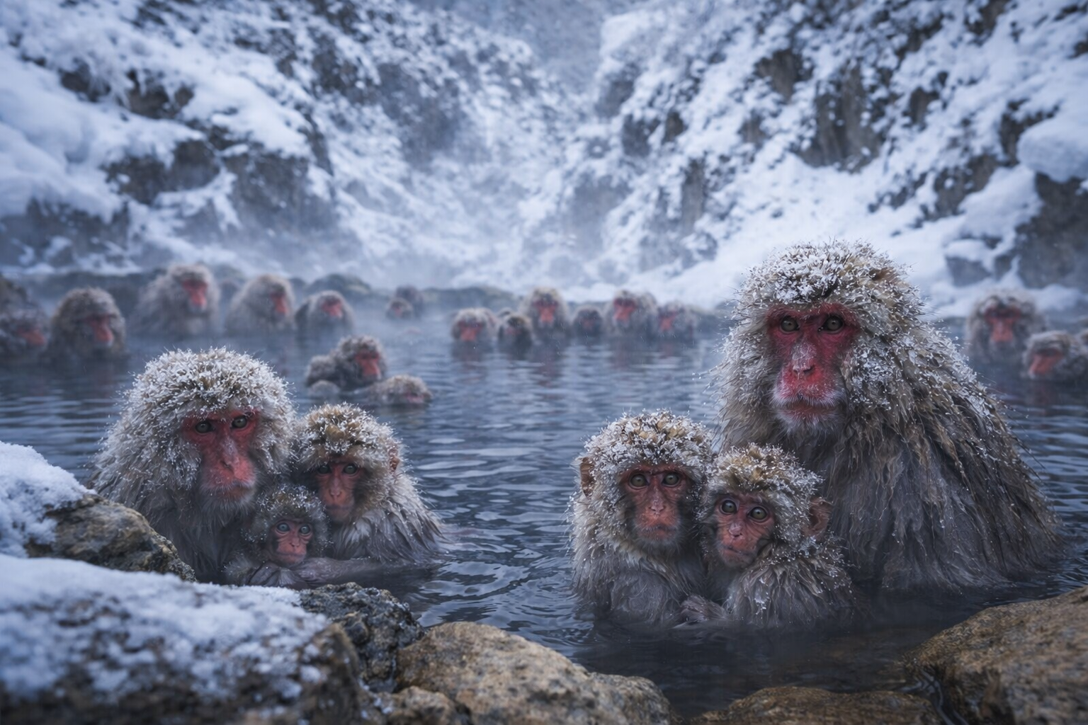 Japanese Snow Monkeys Onsen Bathing, Winter Wildlife 4K Desktop Wallpaper