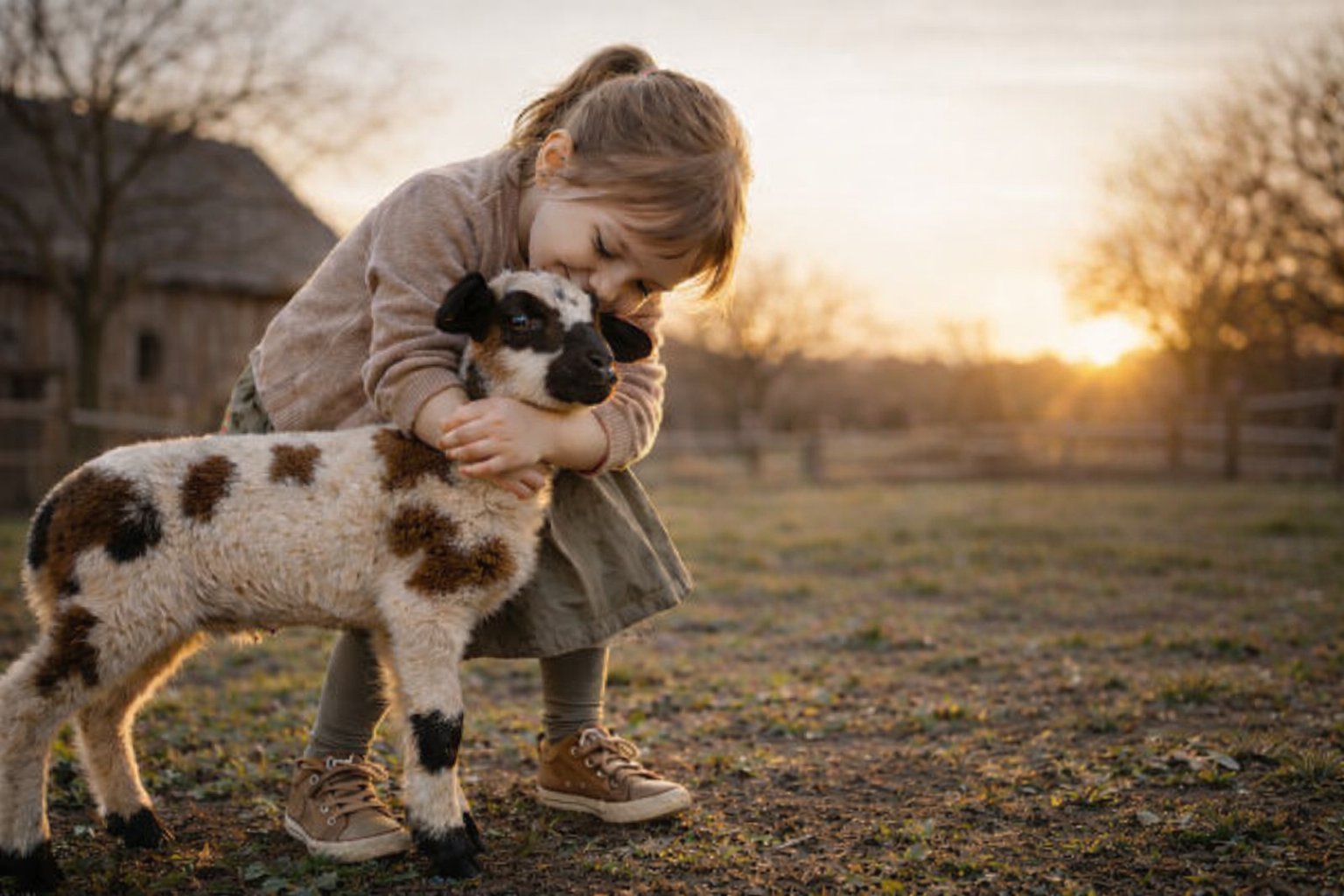 Beautiful Child Hugging Cute Goat at Sunset - Free Nature Wallpaper for Desktop 4K