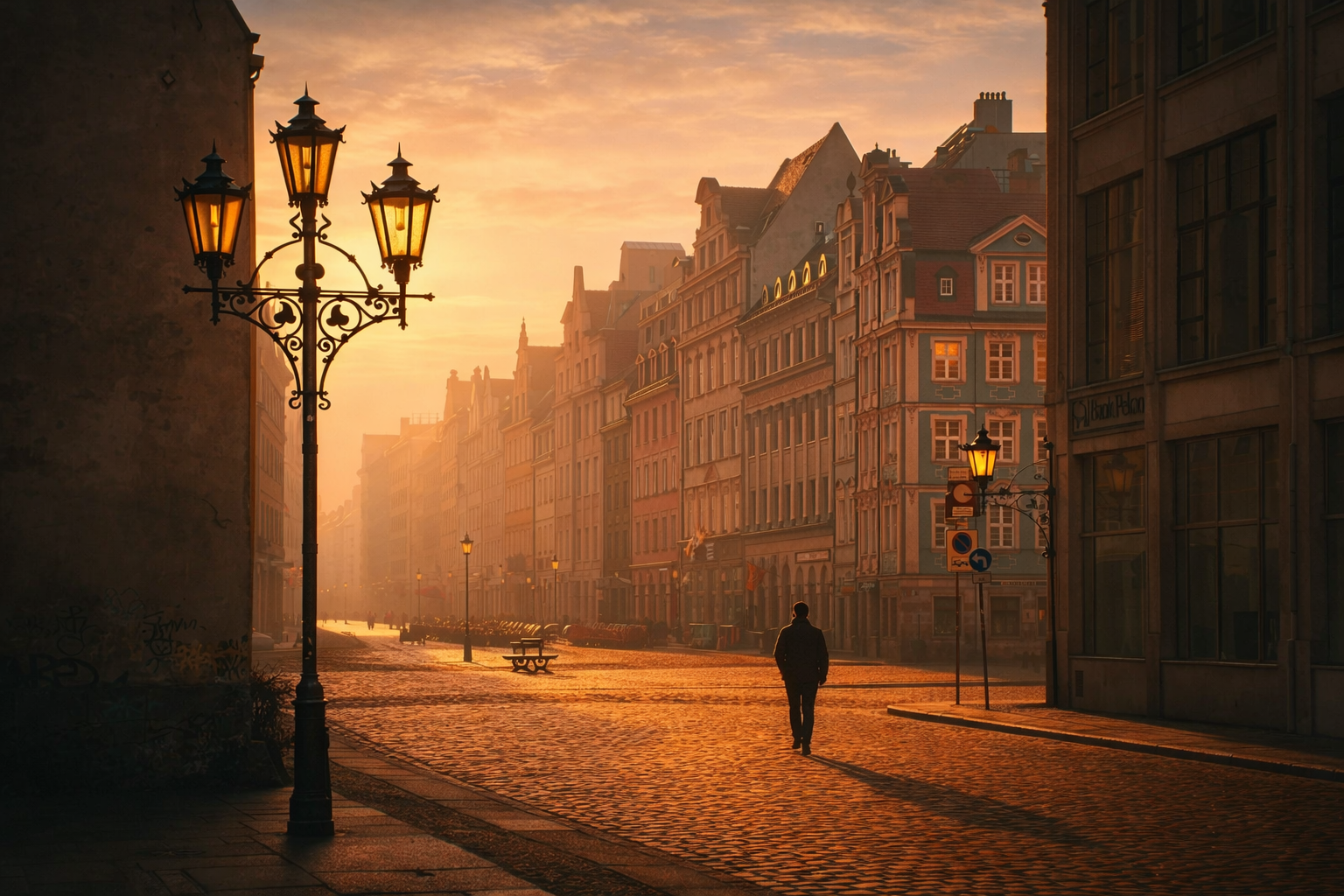 Sunset Street Scene with Lampposts and Old Buildings - Free 4K Desktop Wallpaper