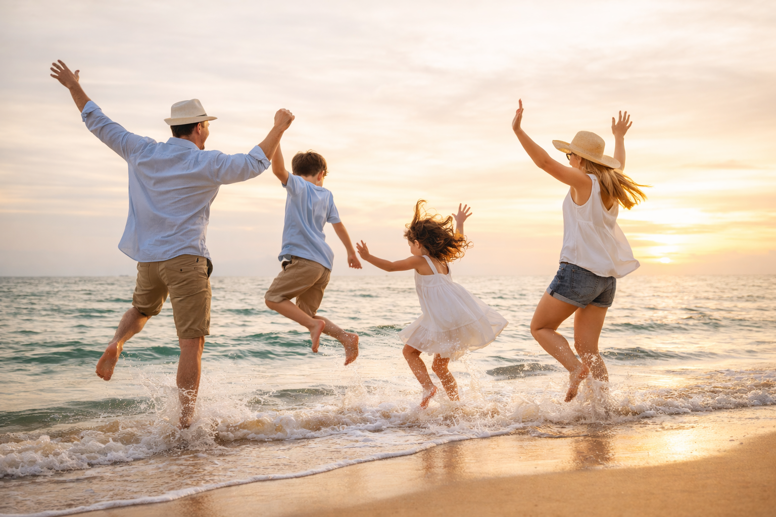 Happy Family Jumping at Sunset Beach 4K Desktop Background