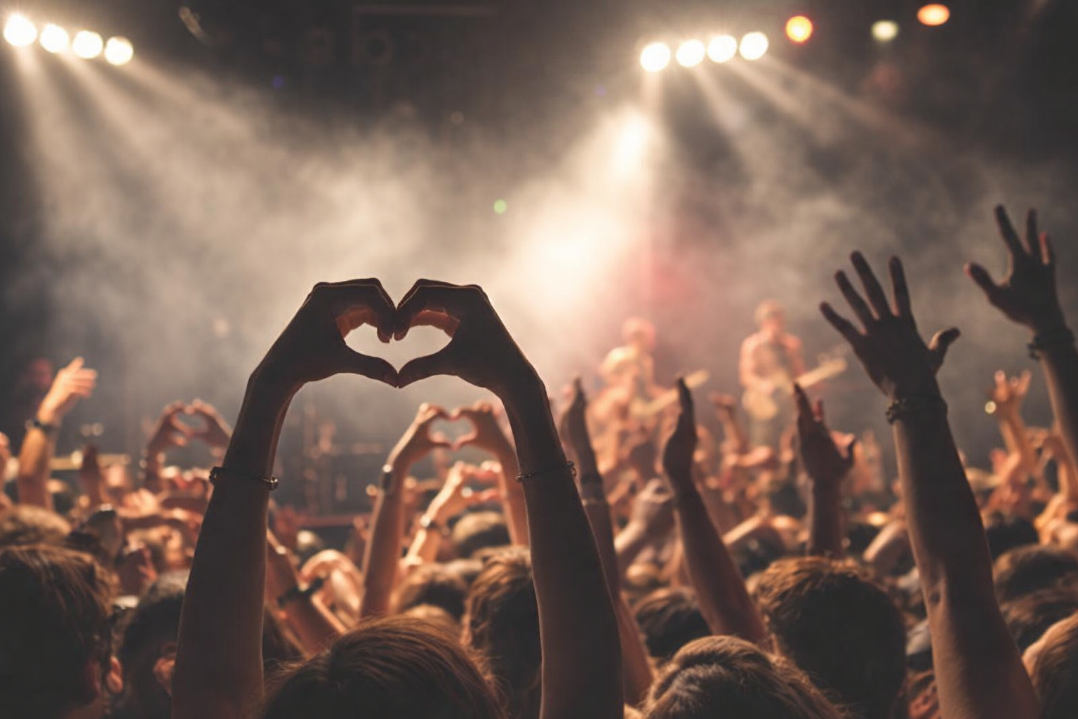 Concert Crowd with Hands Making Heart Symbol - Festival Lights Background 4K Wallpaper