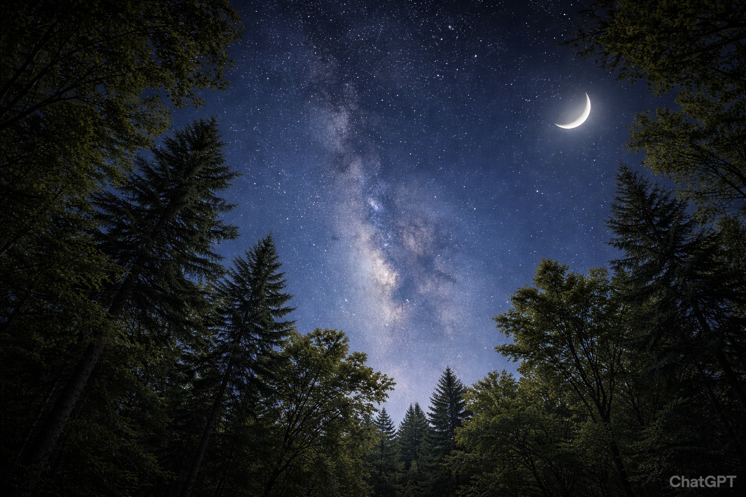 Starry Night Forest 4K Wallpaper - Moonlit Trees and Milky Way Galaxy Background for Desktop and Mobile