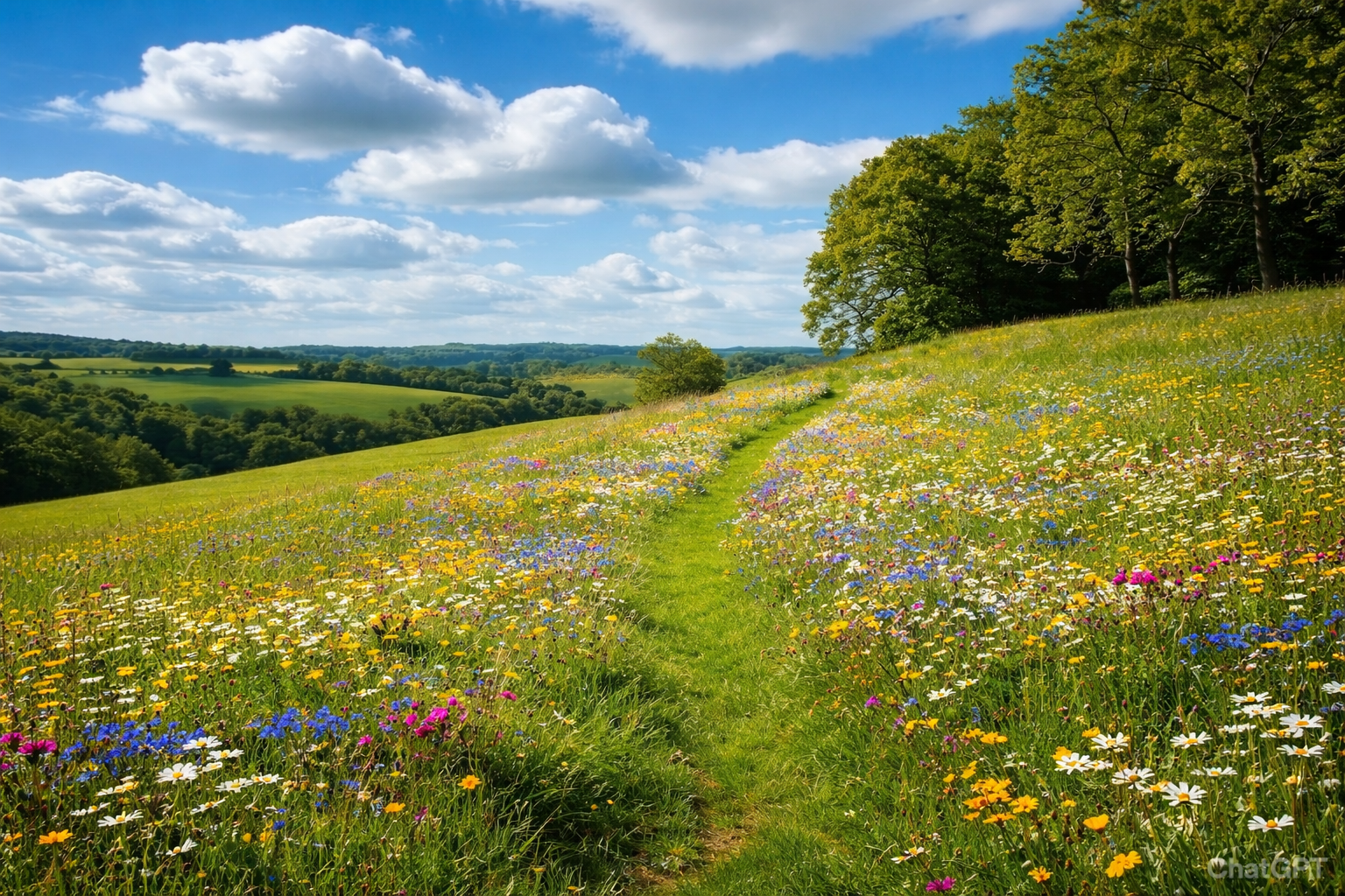 Beautiful Wildflower Meadow with Rolling Hills and Blue Sky 4K Ultra HD Desktop Background