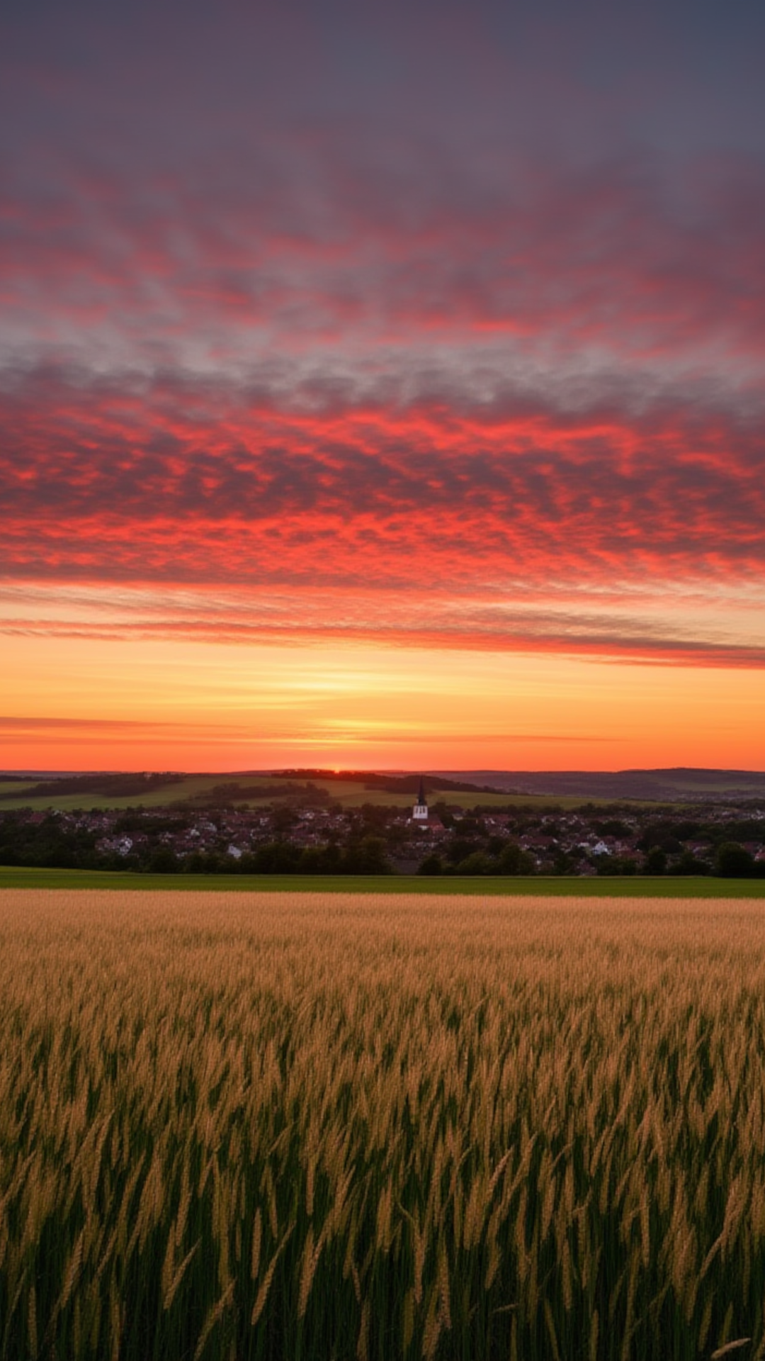 Gorgeous Red Sunset Over Golden Wheat Field - 4K Desktop Nature Wallpaper