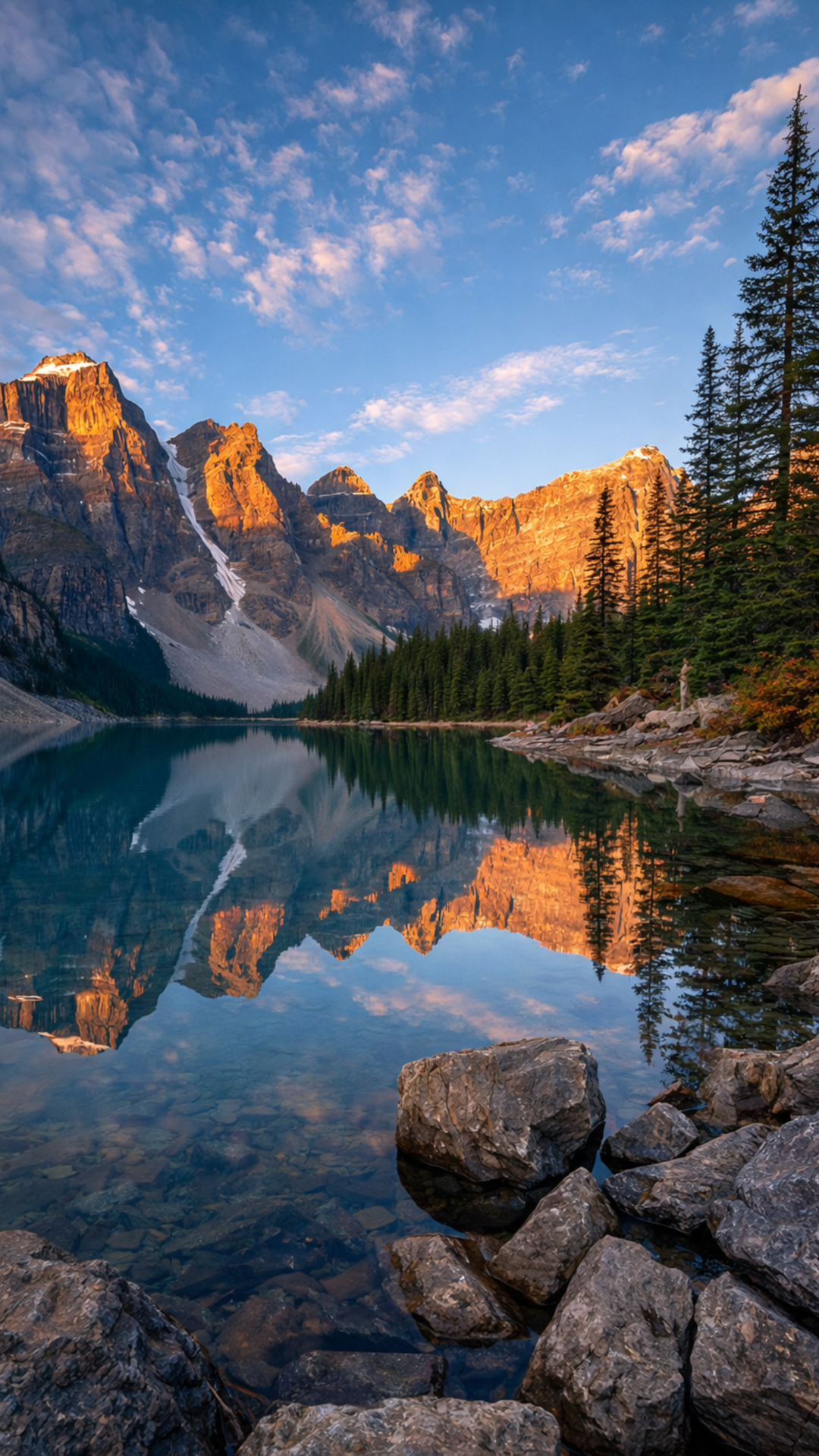 Golden Mountain Peak Sunrise Reflected in Serene Alpine Lake Mobile Wallpaper