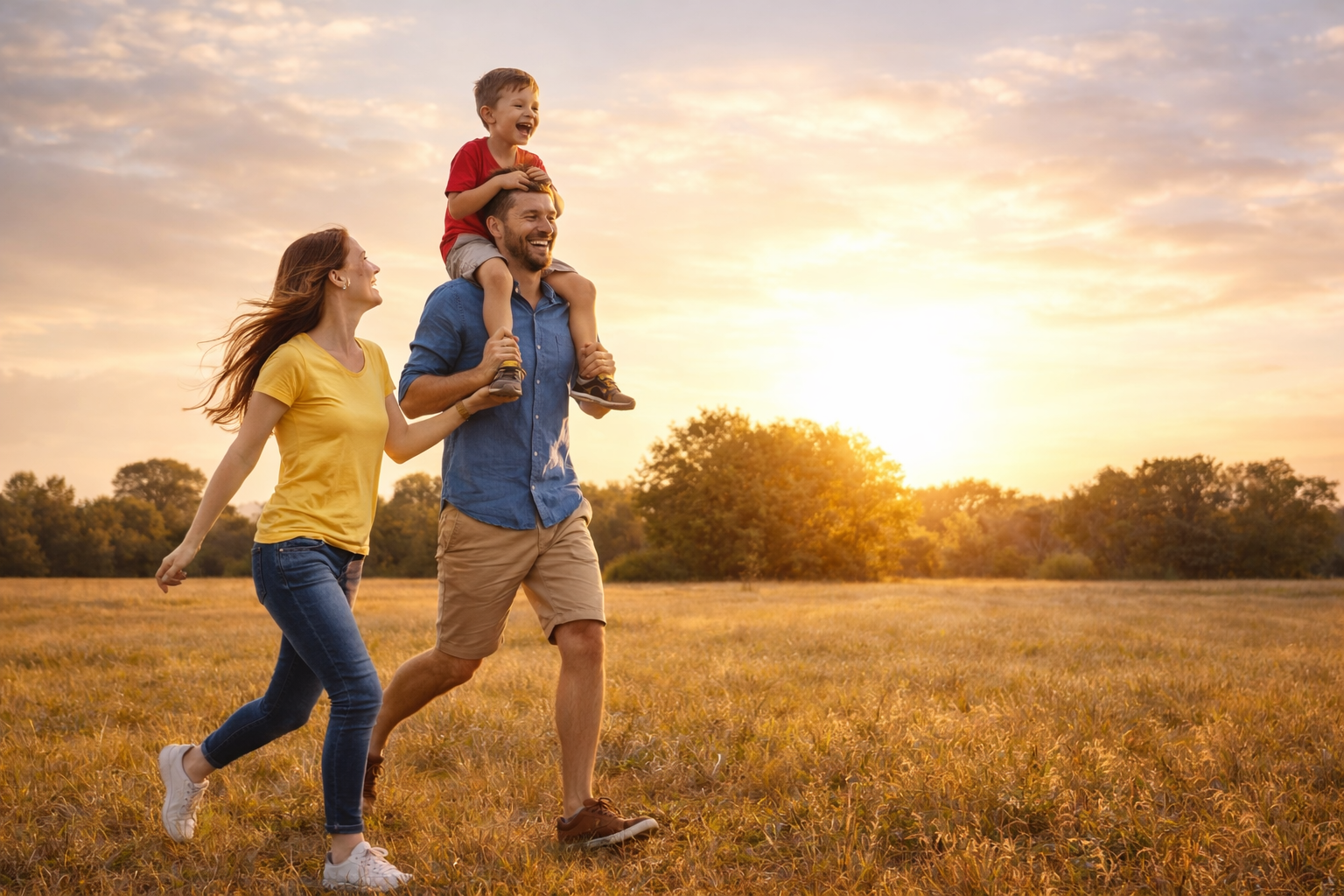 Happy Family Running in Golden Field at Sunset, Free Desktop Nature Wallpaper
