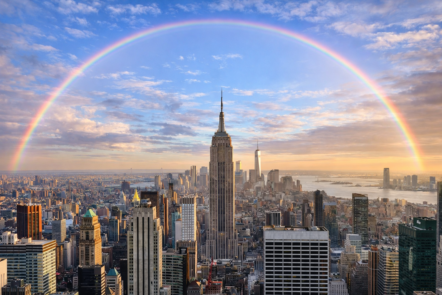 Empire State Building with Rainbow Over New York City Skyline 4K Desktop Wallpaper