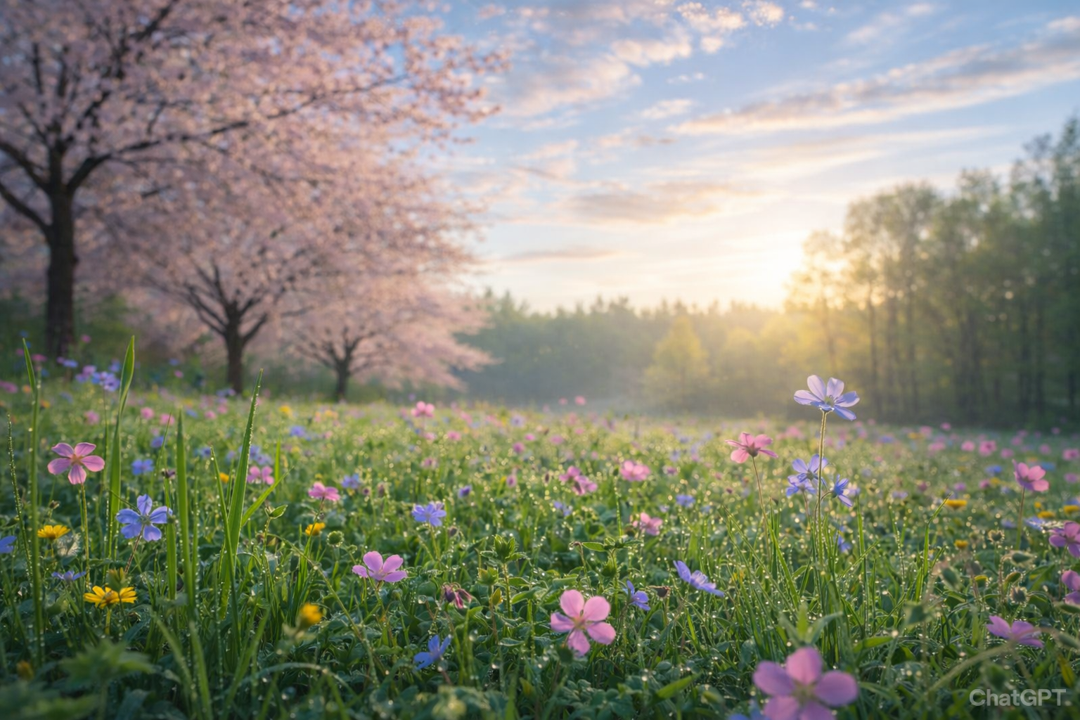 Spring Blossom Field with Cherry Blossom Trees and Wildflowers - Relaxing Nature Desktop Wallpaper