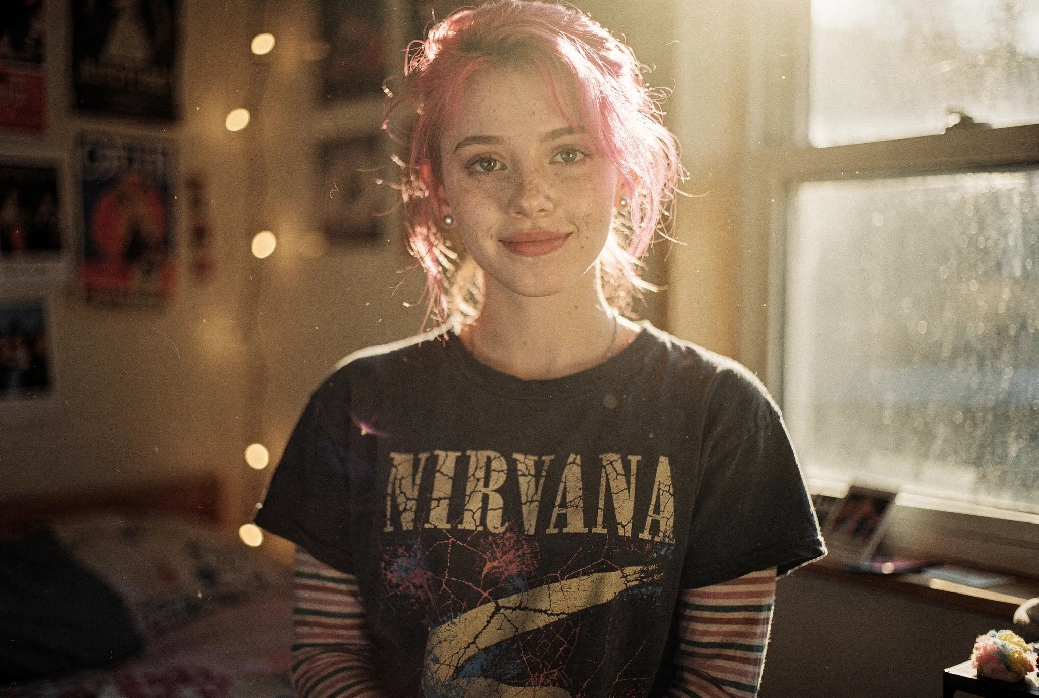 Pink Haired Girl Smiling Nirvana T-Shirt 4K Desktop Background