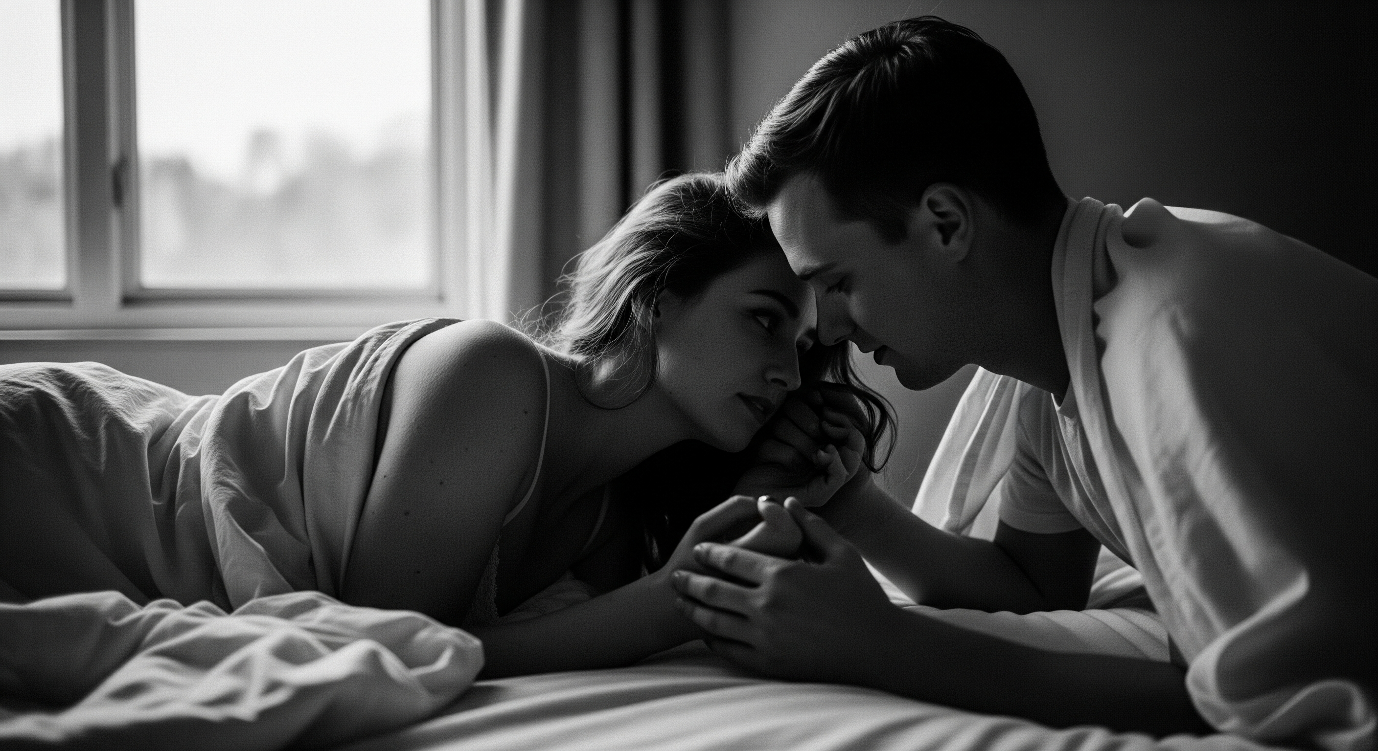 Romantic Couple Kissing in Bed 4K Desktop Background, Free Black and White Love Wallpaper
