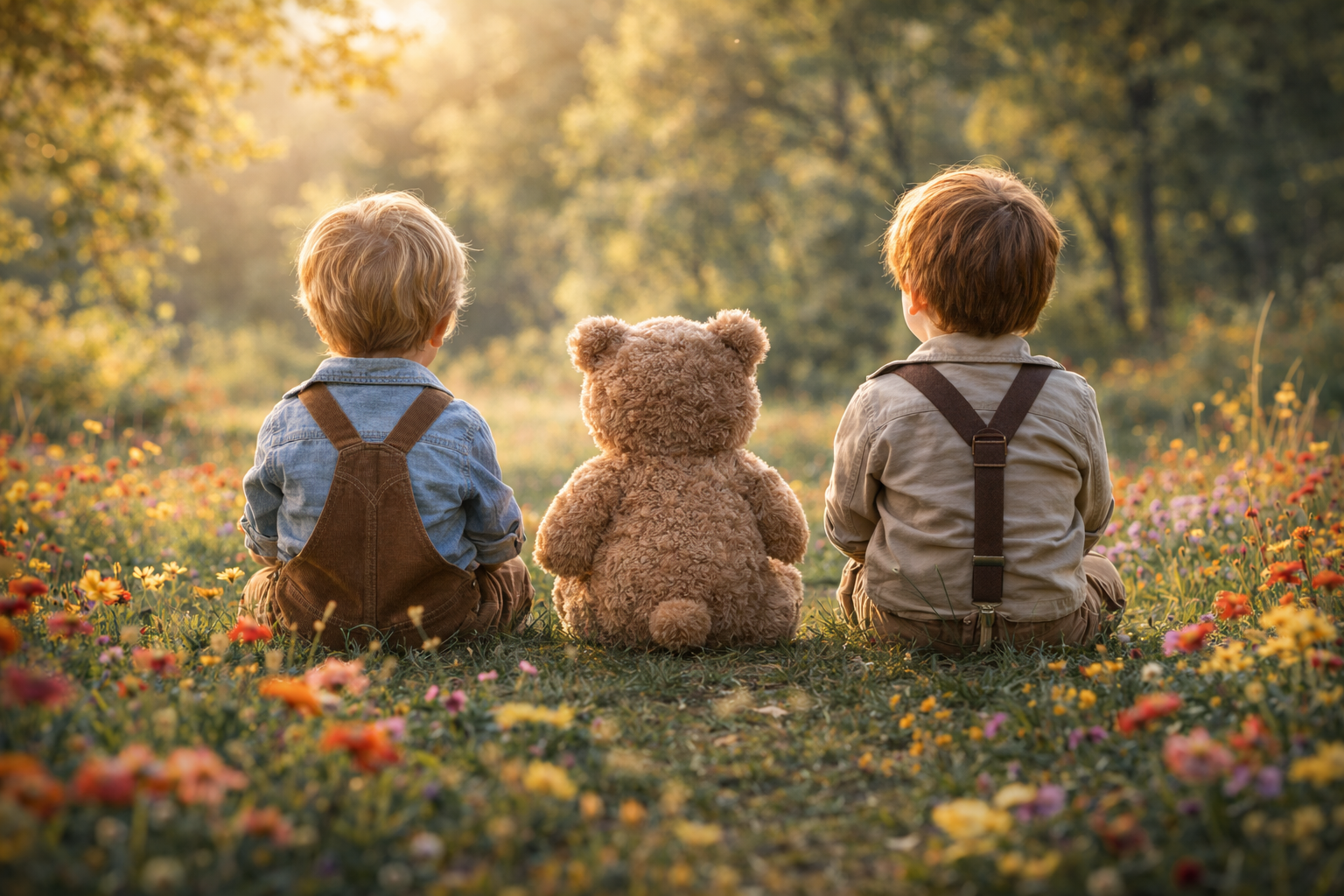Two Boys and Teddy Bear Sitting in Flower Field - Cute - Beautiful Desktop Background