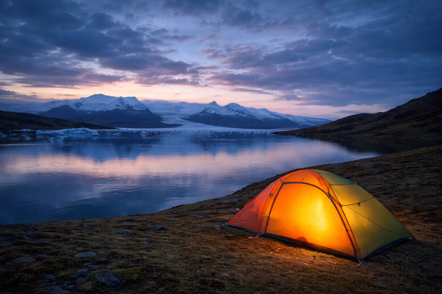 Camping Tent Near Glacial Lake at Sunrise Mountain Landscape Free Desktop Wallpaper