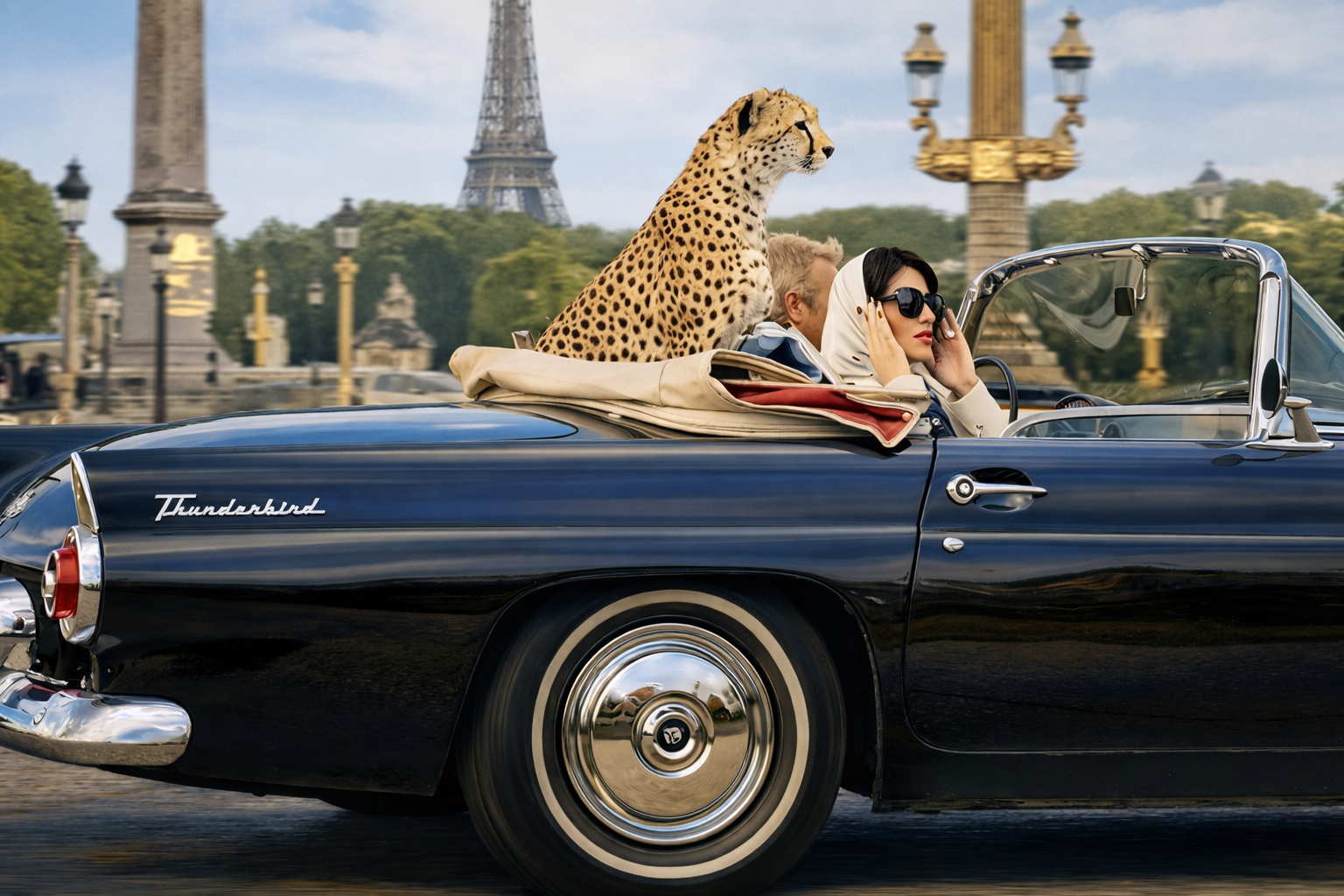 In Paris Iconic Image Colored Thunderbird Car with Cheetah, Julian Lauren Wallpaper