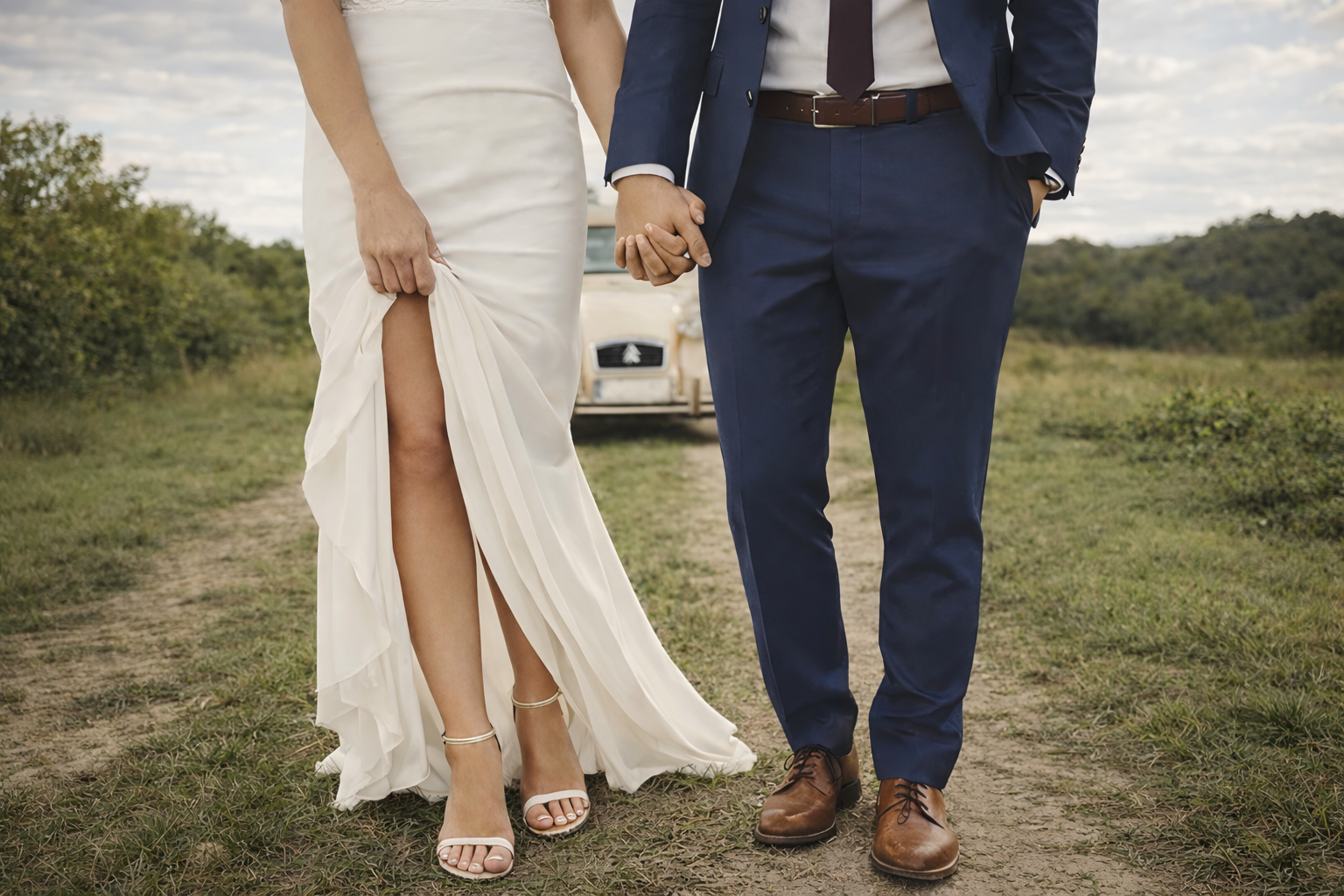 Romantic Wedding Couple Holding Hands in Countryside with Vintage Car, Outdoor Nature Background, Free Desktop Wallpaper