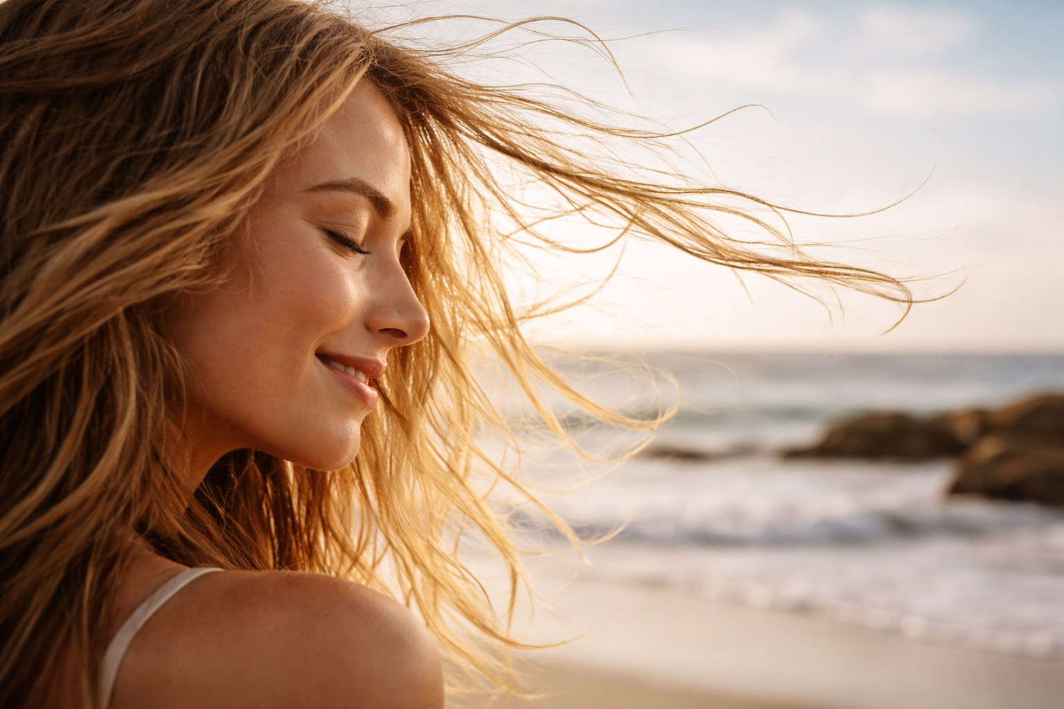 Sunset Beach Girl Smile Ocean Wallpaper