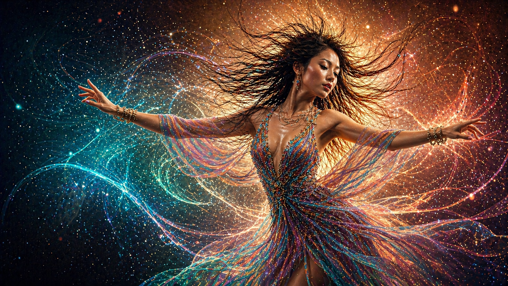 Mystical Woman Dancing in Cosmic Light Desktop Wallpaper