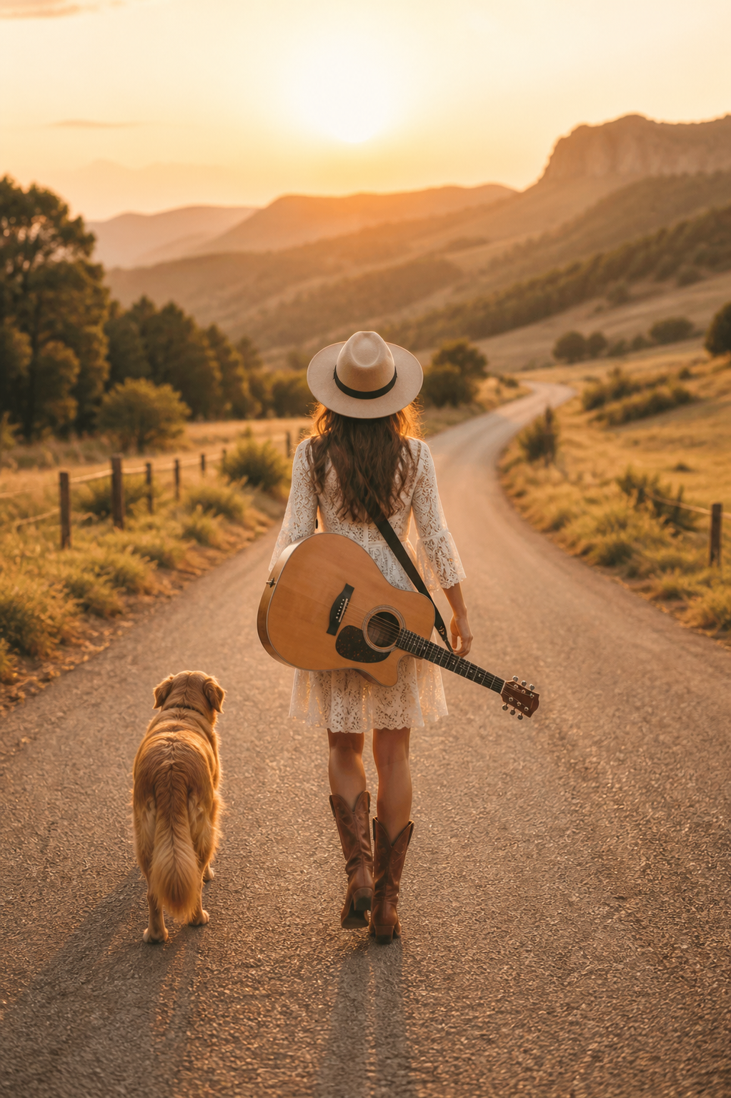 Woman With Dog on Country Road at Sunset