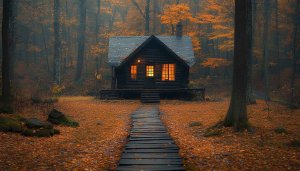 Autumn Cabin Wallpaper, Forest Wallpaper, Rustic Cabin Wallpaper 4K