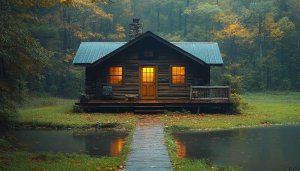 Cabin Wallpaper: Cozy Log House in Autumn Forest 4k Wallpaper