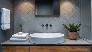Modern Bathroom Wallpaper: Gray Herringbone Tile & Round Sink Design