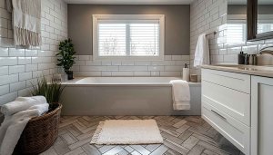 Bathroom Wallpaper: Modern Tub, White Tile, and Natural Light Design