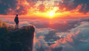 Sunrise Hiker Wallpaper: Adventure, Nature, Cliff, 4K, Desktop Background