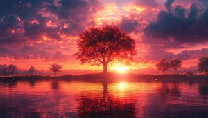 Fiery Sunset Lake Wallpaper, Tree Reflection 4K Background