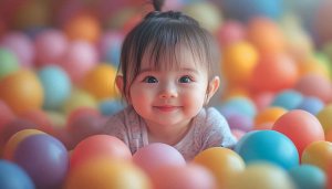 Cute Baby Wallpaper: Smiling Child in Colorful Ball Pit Fun