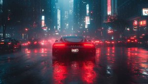 Cyberpunk Car Wallpaper, Rainy Cityscape, Neon Lights Aesthetic