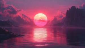 Aesthetic Sunset Wallpaper: Pink Sky, Ocean, and Mountain Views
