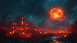 Halloween Wallpaper: Spooky Castle, Jack-o'-Lanterns and Red Moon