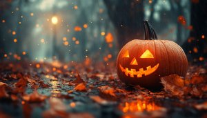 Halloween Pumpkin Wallpaper: Autumn Leaves, Rainy Night, Spooky Theme