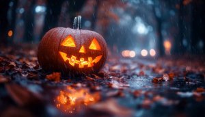 Halloween Pumpkin Wallpaper: Rainy Night Scene, Spooky, Festive Decoration