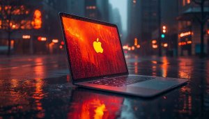 Apple Laptop Wallpaper: Macbook on Rainy City Street - 4K