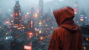 Cyberpunk City Wallpaper: Rainy Night, Future Cityscape, Hooded Figure