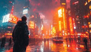 Cyberpunk City Wallpaper, Rainy Night, Neon Lights, 4K, Desktop