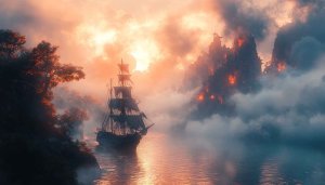 Epic Pirate Ship Wallpaper 4K, Fantasy Landscape Aesthetic Wallpaper