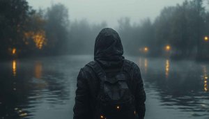 Dark Lake Wallpaper: Hooded Figure in Foggy Landscape, HD