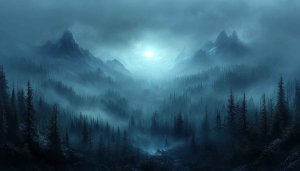 Mystic Forest Wallpaper: Mountain Landscape at Night in 4K