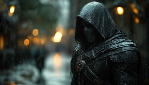 Hooded Assassin Wallpaper: Dark Fantasy Character Background for Desktop