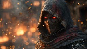 Dark Fantasy Warrior Wallpaper: Hooded Assassin with Glowing Eyes