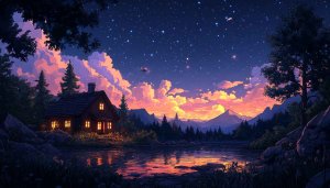 Night Sky Wallpaper: Cabin by Lake Scenery in 4k