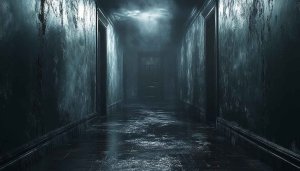 Horror hallway wallpaper, spooky background, dark theme, 4K wallpaper.