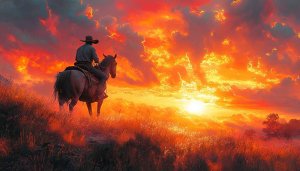 Cowboy Sunset Wallpaper, Western Landscape Aesthetic, Horse Riding Art