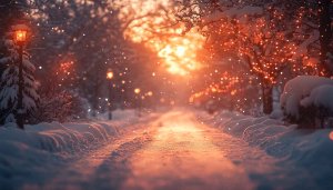 Winter Snowfall Wallpaper: Festive Lights & Snowy Landscape Scene