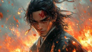 Samurai Warrior Wallpaper: Artistic Fire, Blood, and Detailed Illustration