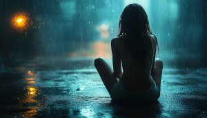 Rain Wallpaper: Woman Silhouette in Rain, Aesthetic Night Scene